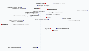 This is an example of a correspondence analysis with the positioning of the departments of a department store chain within a study on job satisfaction. The names of the endpoints of the two dimensions are based on the criteria located there: Leadership – Remuneration and Willingness of (other) employees to perform - (own) stress